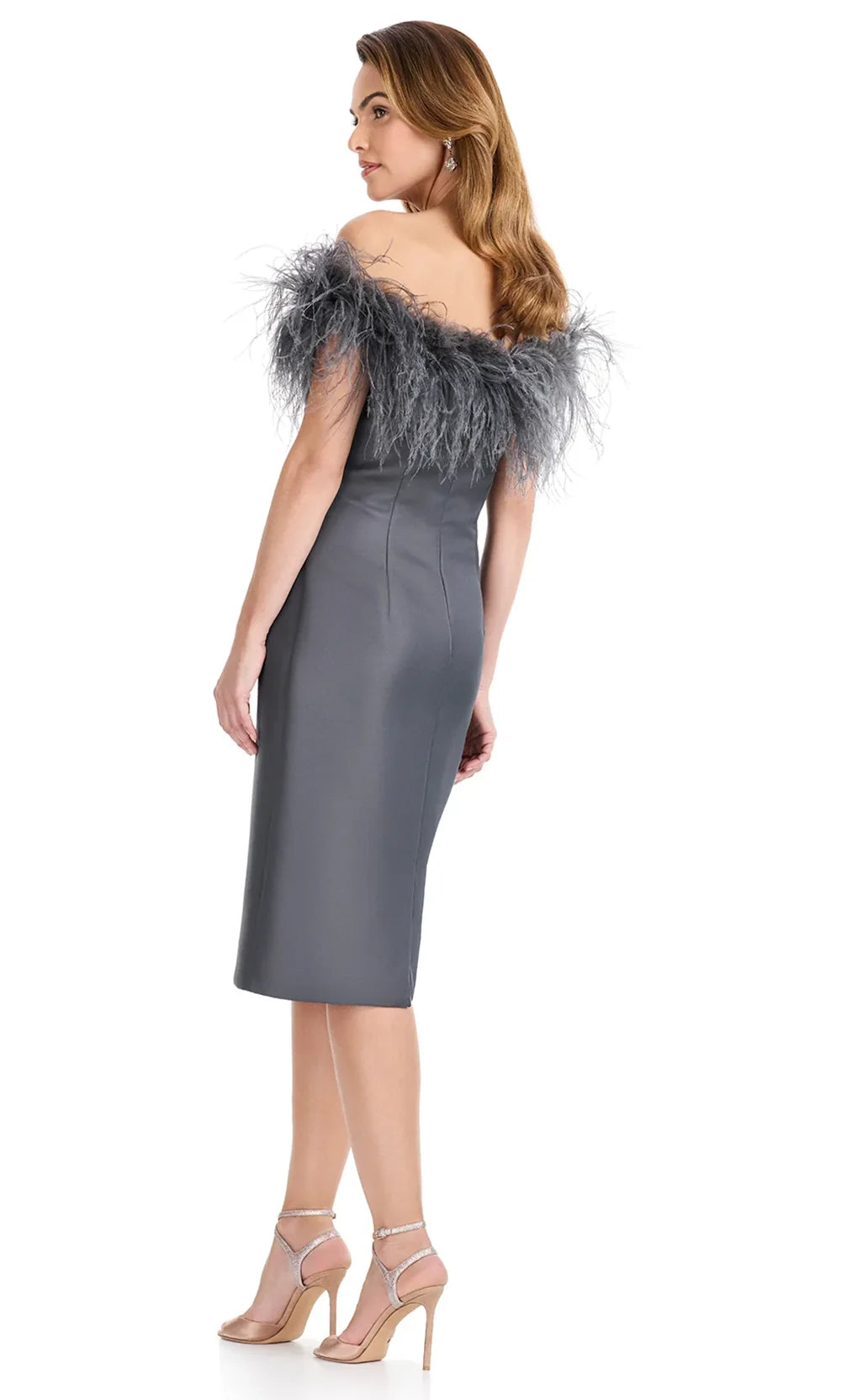 Ashley Lauren E4960 - Feather Trim Knee-Length Satin Dress in Charcoal