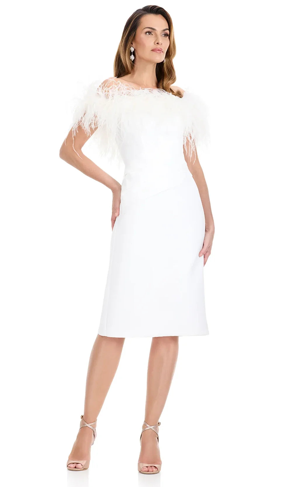Ashley Lauren E4960 - Feather Trim Knee-Length Satin Dress in Ivory