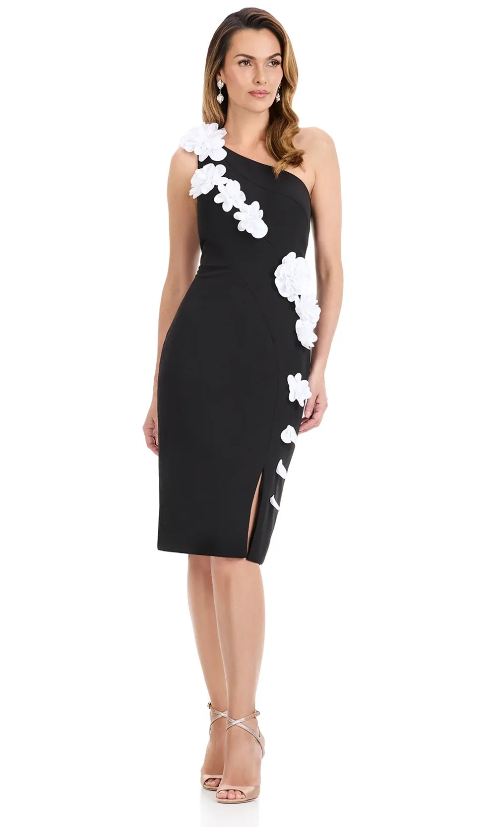 Ashley Lauren E4961 - One Shoulder Floral Applique Cocktail Dress in Black White