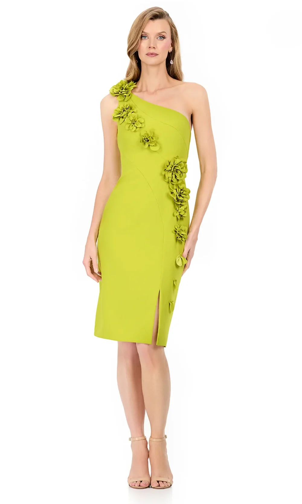 Ashley Lauren E4961 - One Shoulder Floral Applique Cocktail Dress in Chartreuse