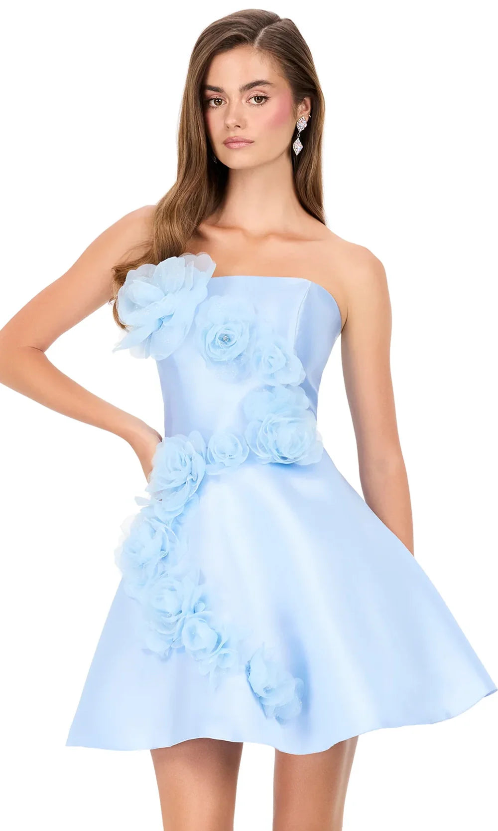 Ashley Lauren E4962 - Strapless Floral Applique Flared Dress in Ice Blue