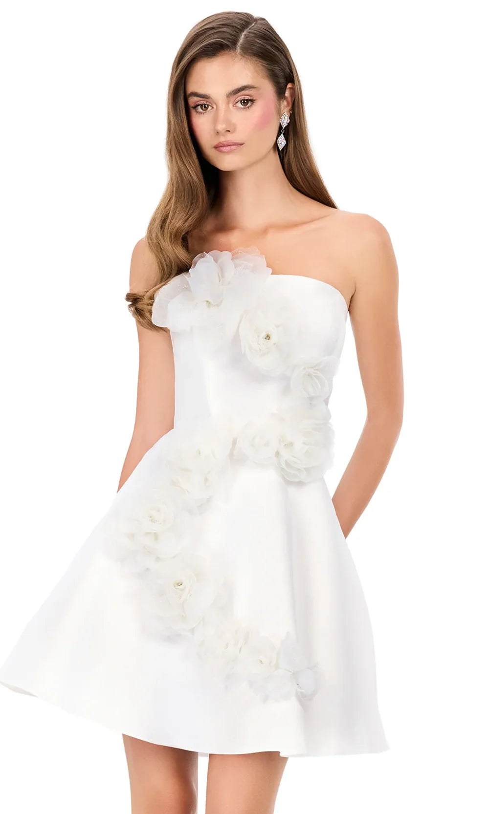 Ashley Lauren E4962 - Strapless Floral Applique Flared Dress in Ivory