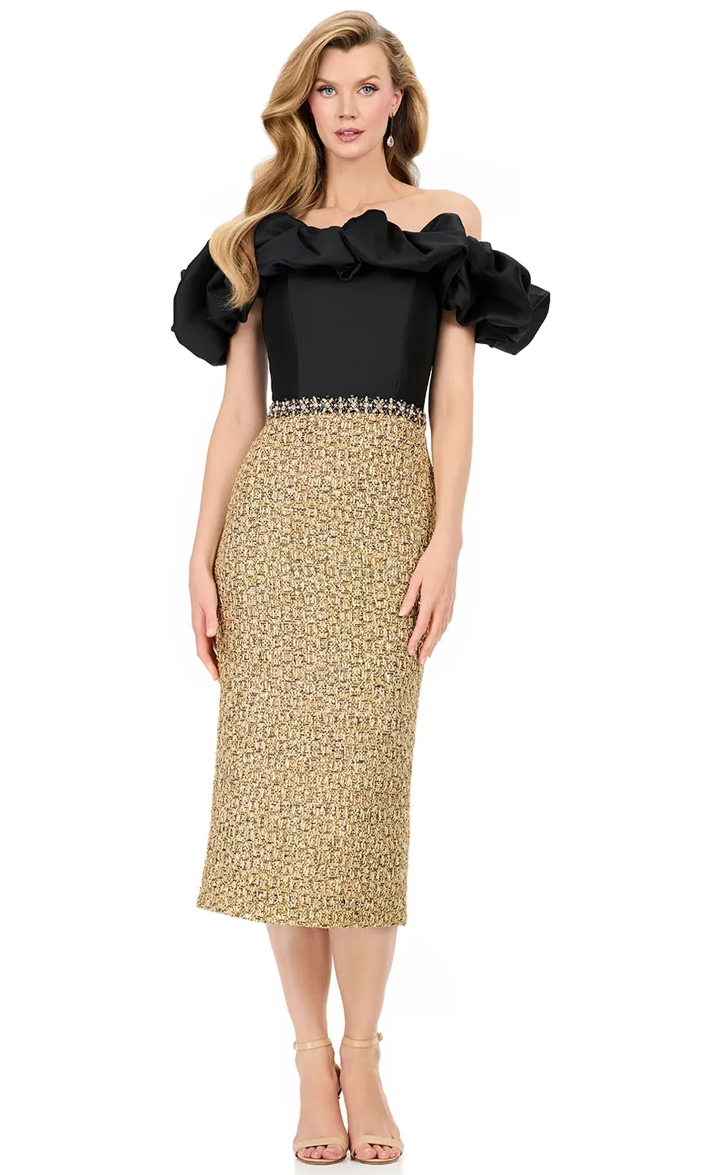 Ashley Lauren E4981 - Ruffled Off Shoulder Tweed Midi Dress in Black Gold