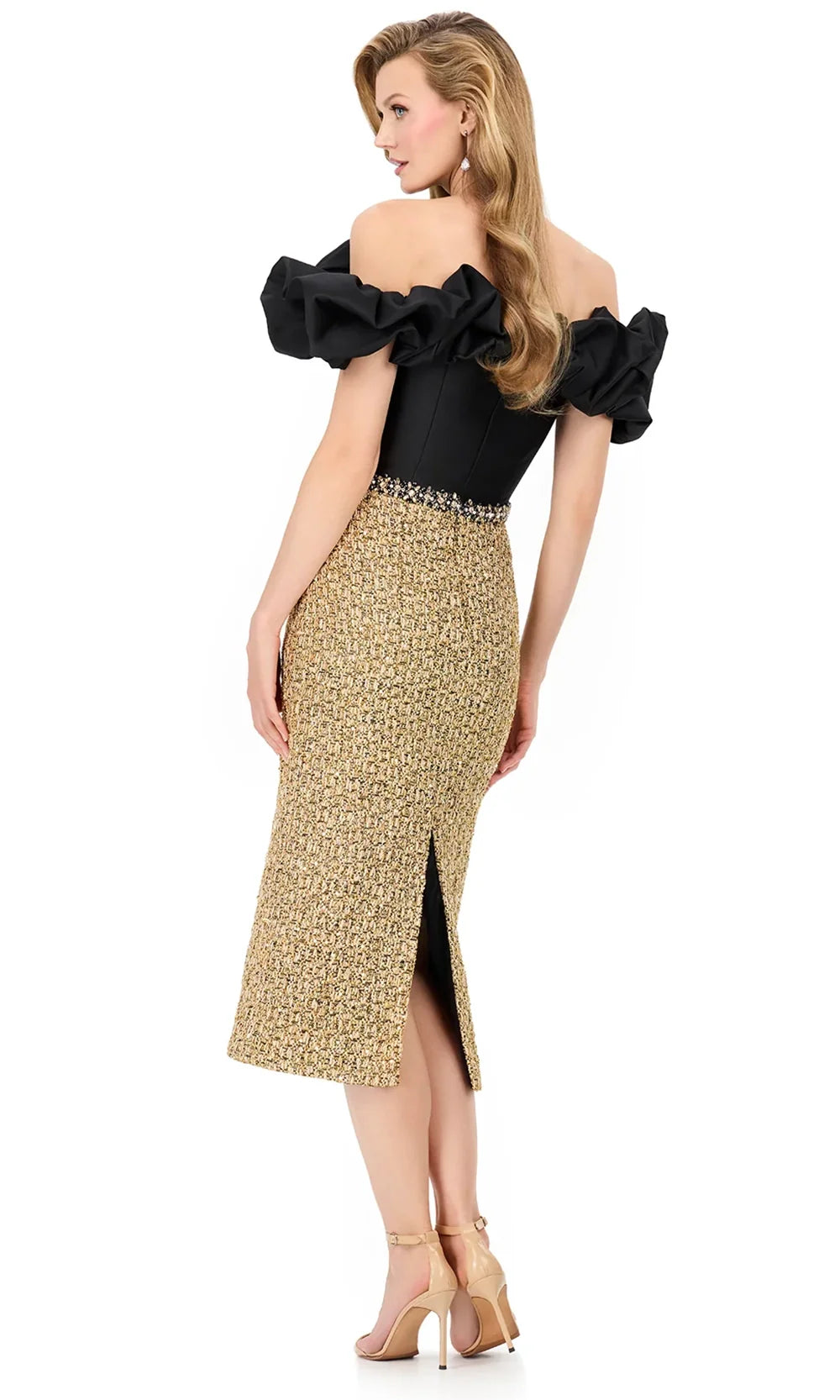 Ashley Lauren E4981 - Ruffled Off Shoulder Tweed Midi Dress in Black Gold