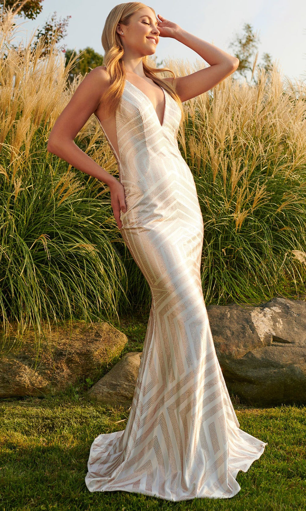 Faviana ES10889 - Wide Strap Beaded Geometric Gown Prom Dresses