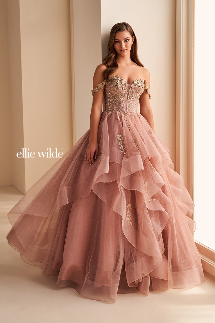Ellie Wilde EW35084 - Long Tulle, Lace Applique, Sequin , Glitter Tulle Ballgown Dress - Floral Appliques, Glitter Skirt, Plunging Neck, Sheer Inset, Ruffled Skirt, Full Length, Mid-Open Back, Back Zipper ADASA Ellie Wilde EW35084 - Long Tulle, Lace Applique, Sequin , Glitter Tulle Ballgown Dress - Floral Appliques, Glitter Skirt, Plunging Neck, Sheer Inset, Ruffled Skirt, Full Length, Mid-Open Back, Back Zipper ADASA