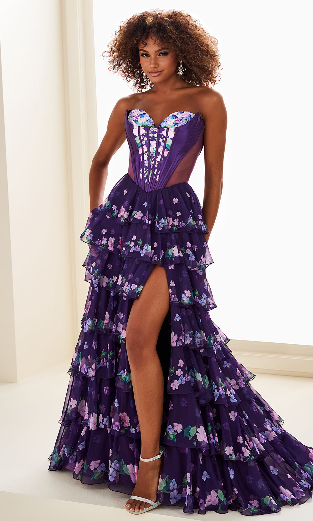 Ellie Wilde EW37001 - Floral Chiffon Illusion Corset Prom Dress Prom Dresses