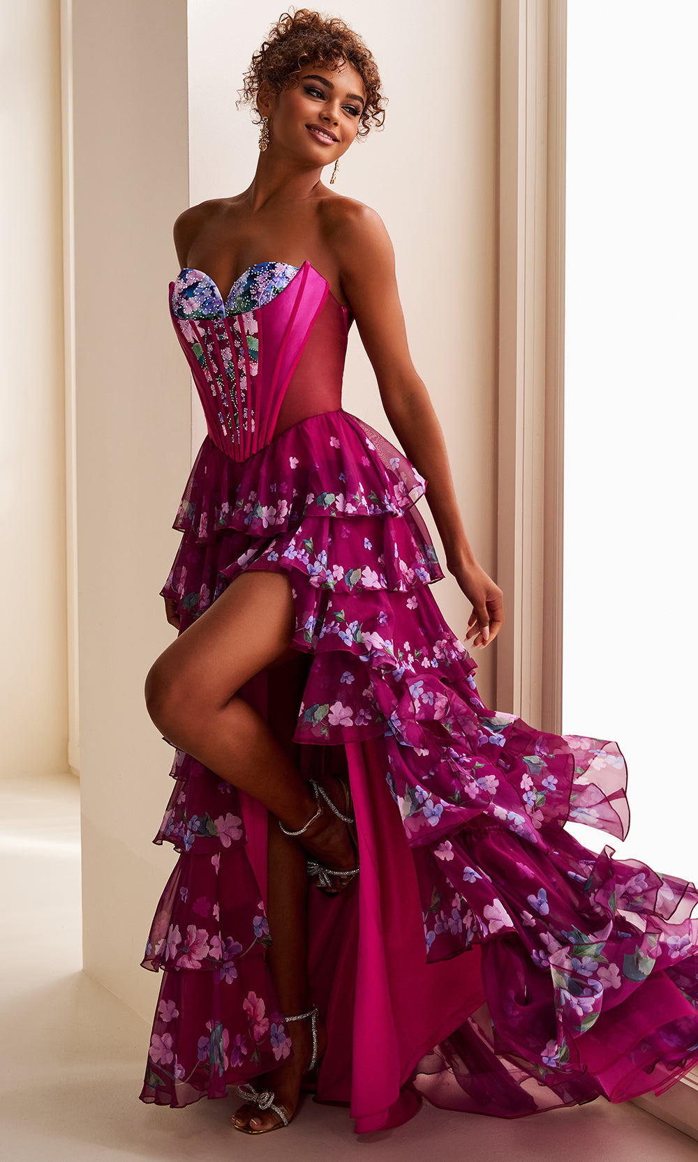 Ellie Wilde EW37001 - Floral Chiffon Illusion Corset Prom Dress Prom Dresses