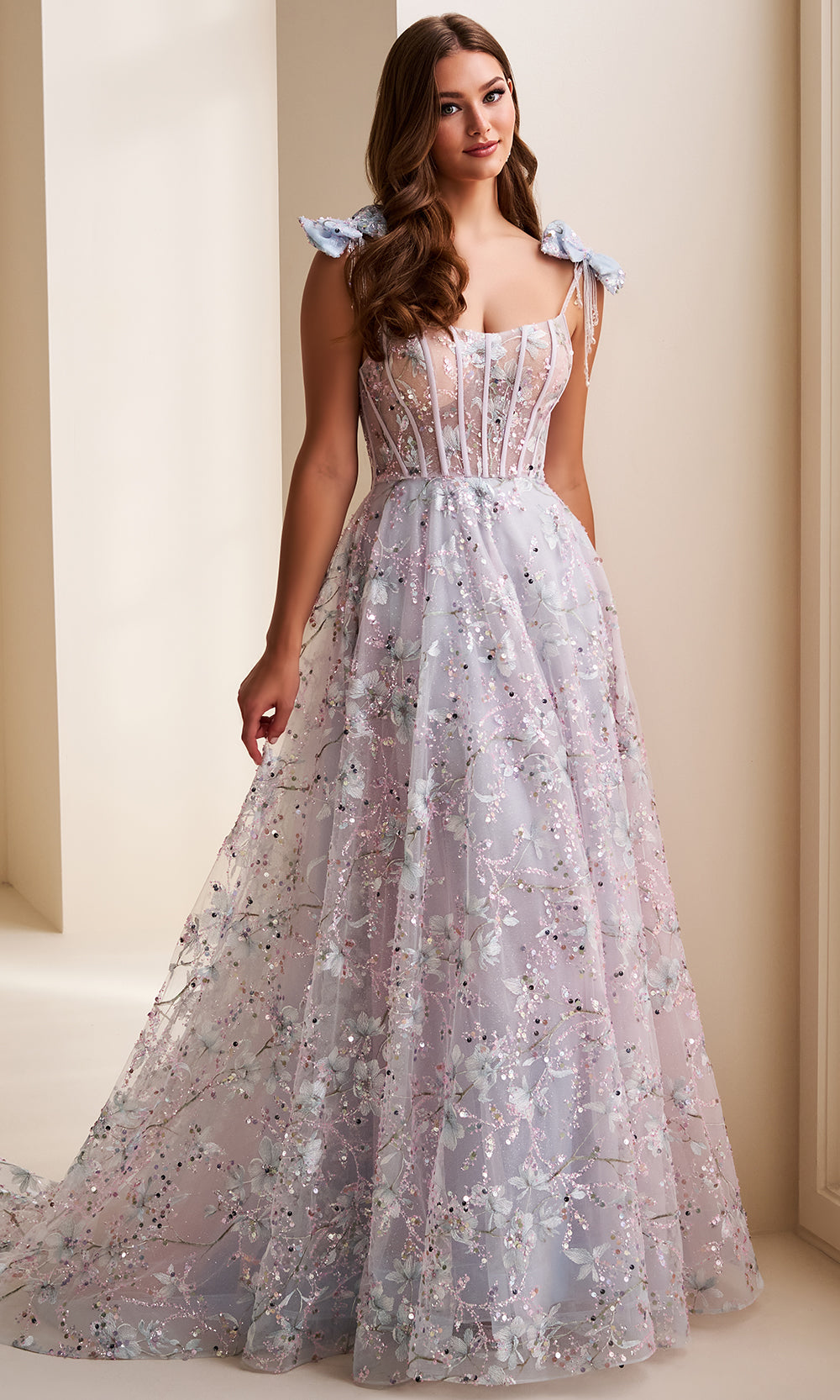 Ellie Wilde EW37020 - Scoop Floral Gown with Bow Shoulder Straps Prom Dresses