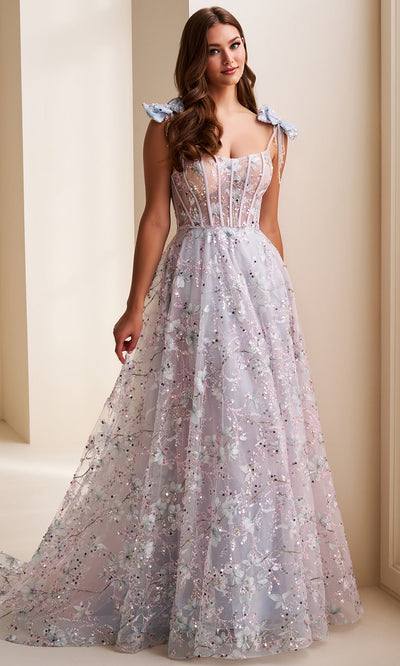 Ellie Wilde EW37020 - Scoop Floral Gown with Bow Shoulder Straps Prom Dresses