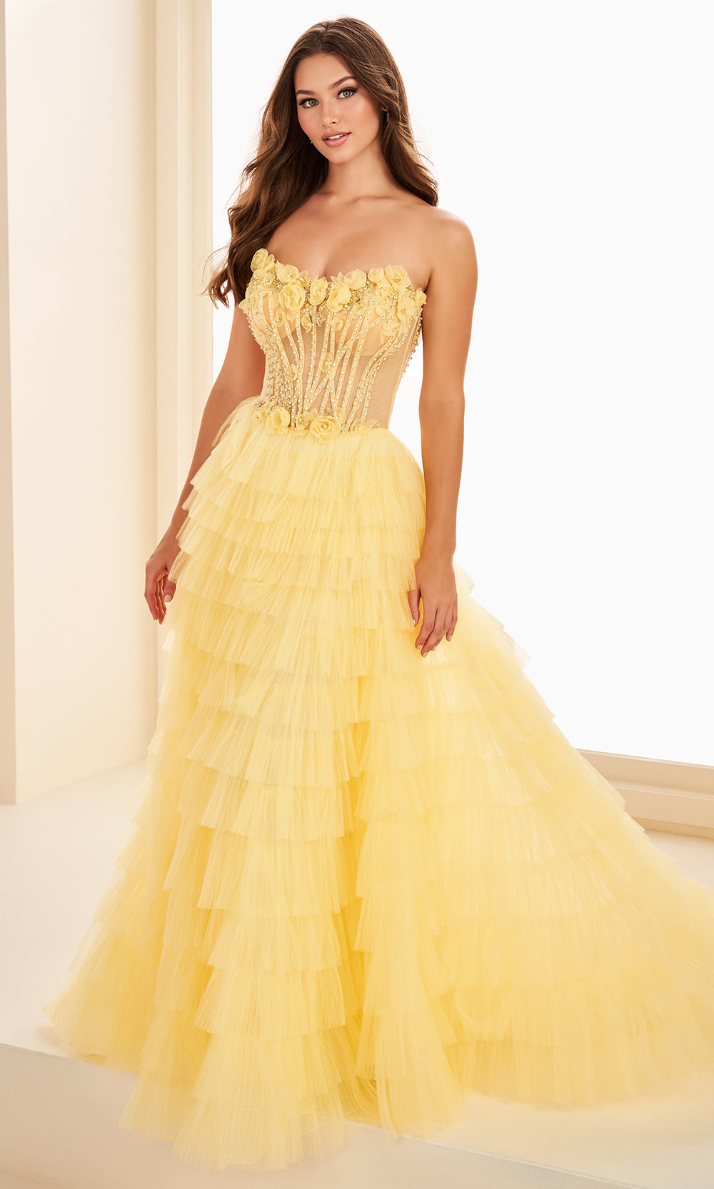 Ellie Wilde EW37026 - Long Tulle, Beading, Stone Accents, Three- Dimensional Organza Flowers A-line Dress - Beaded, 3D Floral Accents, Strapless, Illusion Corset Bodice, Tiered Ruffle Skirt, Separate Spaghetti Straps ADASA Ellie Wilde EW37026 - Long Tulle, Beading, Stone Accents, Three- Dimensional Organza Flowers A-line Dress - Beaded, 3D Floral Accents, Strapless, Illusion Corset Bodice, Tiered Ruffle Skirt, Separate Spaghetti Straps ADASA