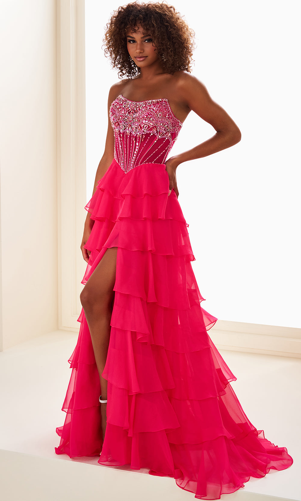red crystal beaded prom dress Ellie Wilde EW37057 - Long Chiffon, Beading, Stone Accents, Sequin A Line Dress