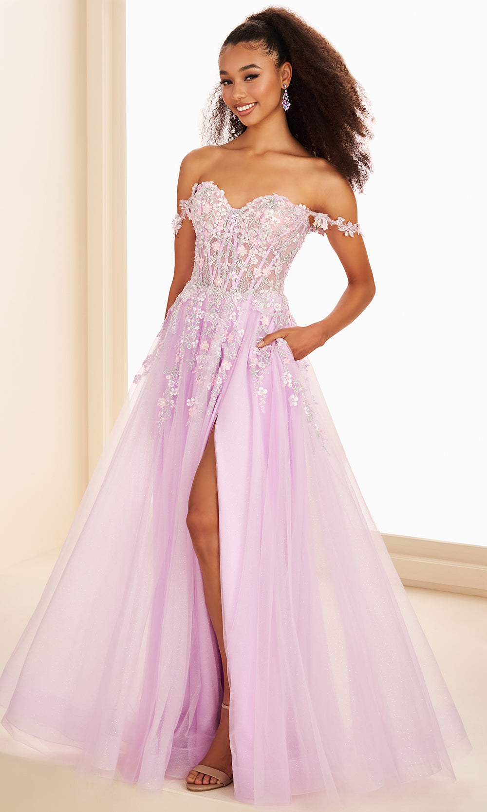 Ellie Wilde EW37094 - Long Tulle, Lace Applique, Sequin, Beading, Glitter Tulle A-Line Dress - Pockets, Sheer Corset Bodice, Slit, Floral Lace Applique, Sequin, Beading, Back Zipper Closure, Off Shoulder Sleeves ADASA Ellie Wilde EW37094 - Long Tulle, Lace Applique, Sequin, Beading, Glitter Tulle A-Line Dress - Pockets, Sheer Corset Bodice, Slit, Floral Lace Applique, Sequin, Beading, Back Zipper Closure, Off Shoulder Sleeves ADASA