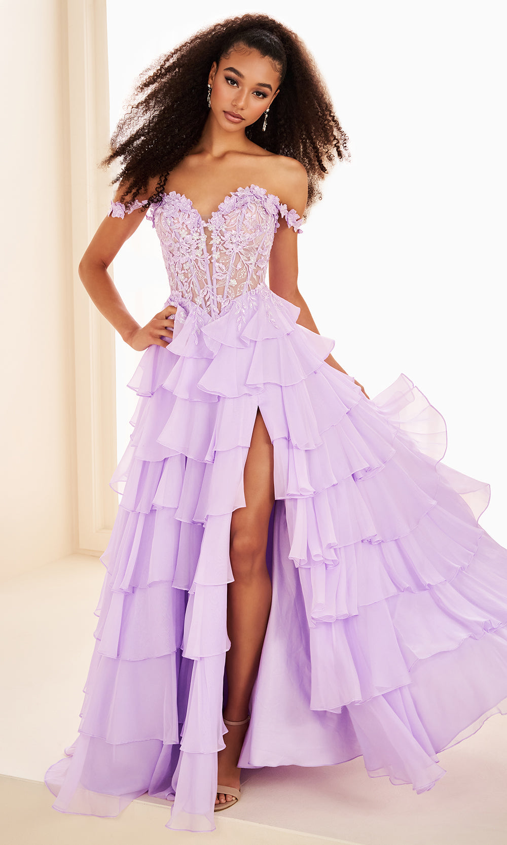 Ellie Wilde EW37108 - Long Chiffon, Lace Applique, Sequin A-line Dress - Floral Lace Applique, Sequins, Ruffle Tiered Skirt, Back Zipper Closure, Corset Bodice, Slit, Detachable Shoulder Straps ADASA Ellie Wilde EW37108 - Long Chiffon, Lace Applique, Sequin A-line Dress - Floral Lace Applique, Sequins, Ruffle Tiered Skirt, Back Zipper Closure, Corset Bodice, Slit, Detachable Shoulder Straps ADASA