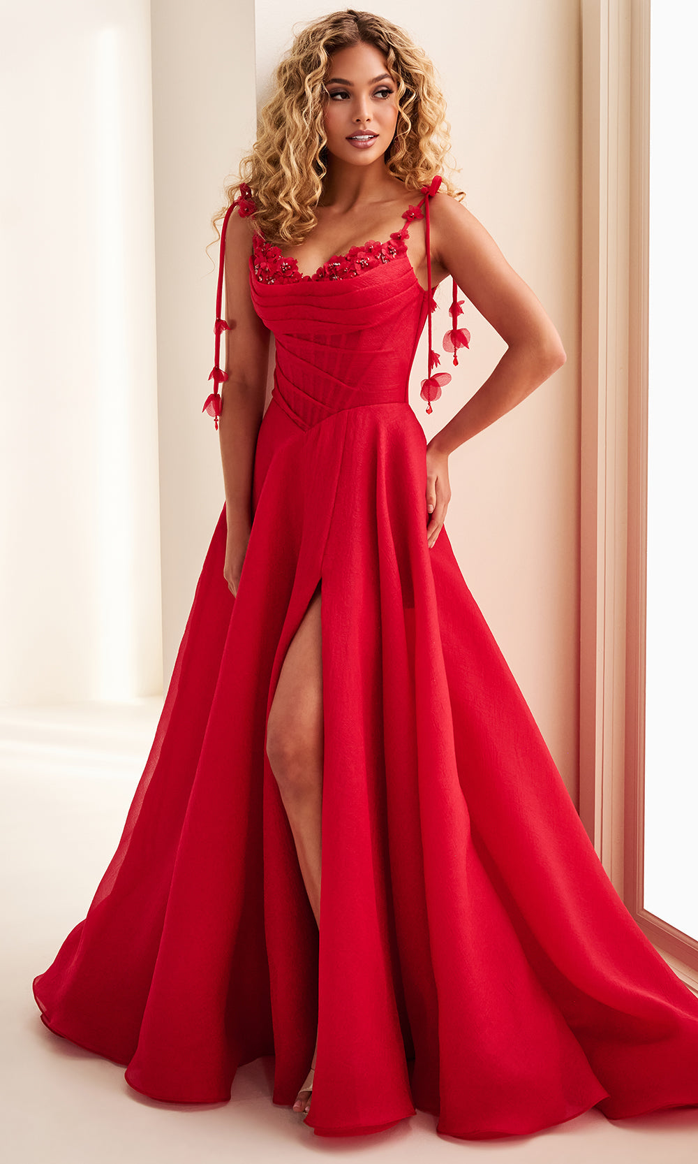 Ellie Wilde EW37111 - Tie Strap Textured Organza Gown with 3D Floral Prom Dresses