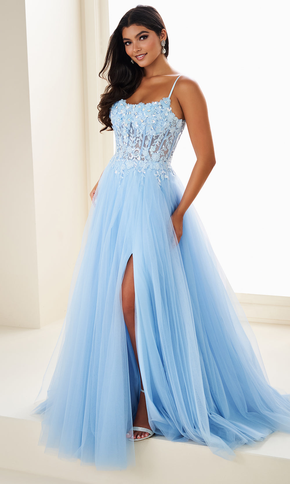 Ellie Wilde EW37112 - Scoop Neckline Beaded A-Line Gown with Slit Prom Dresses