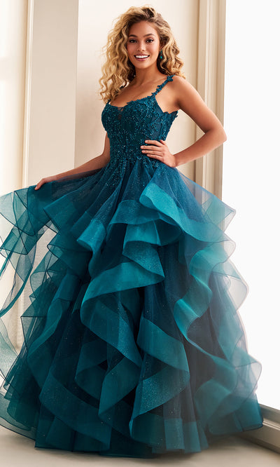 Ellie Wilde EW37128 - Scoop Back Cascade Ruffle Tulle Gown Prom Dresses