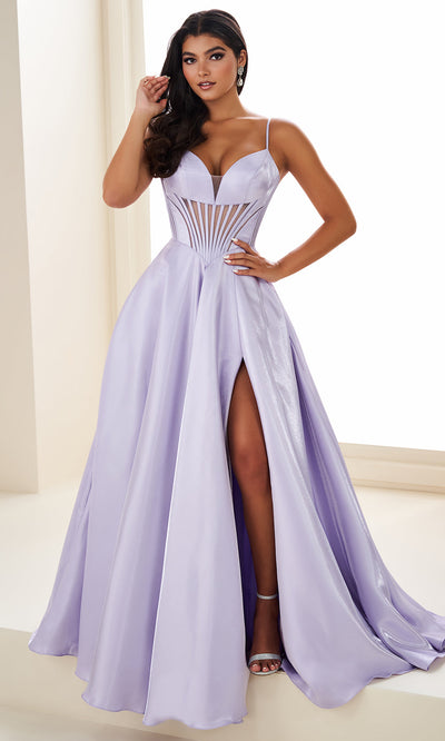 Ellie Wilde EW37226 - Deep V-Neck High Slit Satin Ballgown Prom Dresses