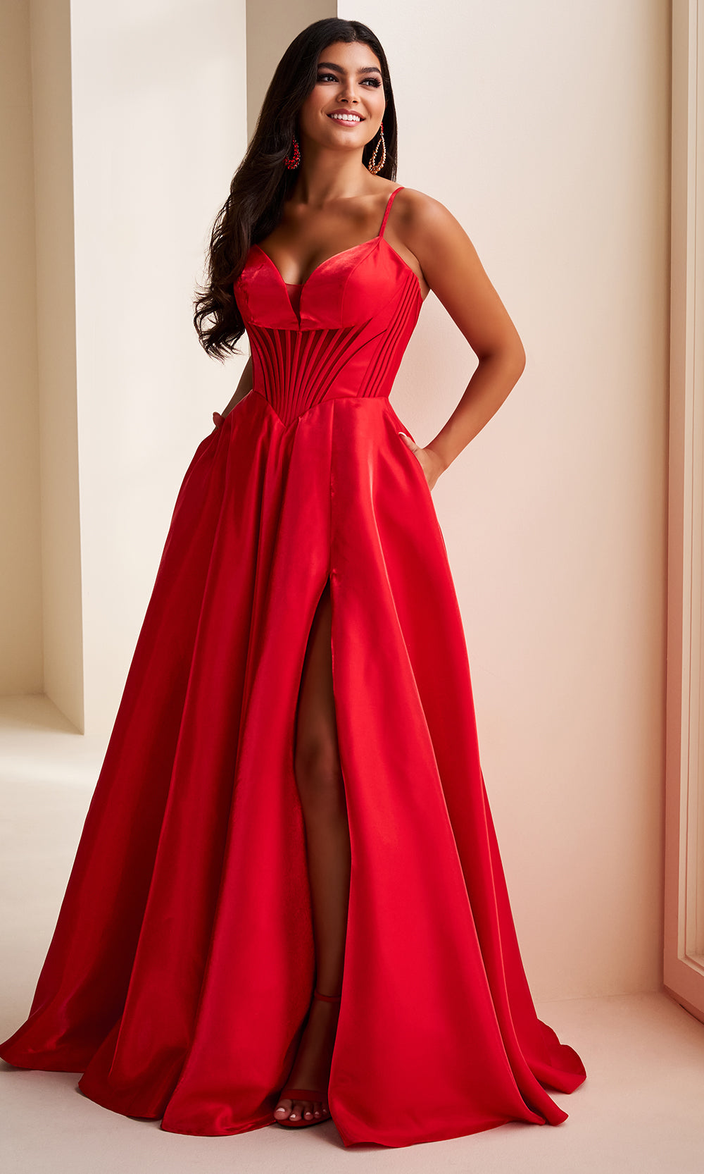 Ellie Wilde EW37226 - Deep V-Neck High Slit Satin Ballgown Prom Dresses
