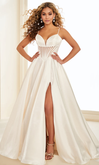 Ellie Wilde EW37226 - Deep V-Neck High Slit Satin Ballgown Prom Dresses