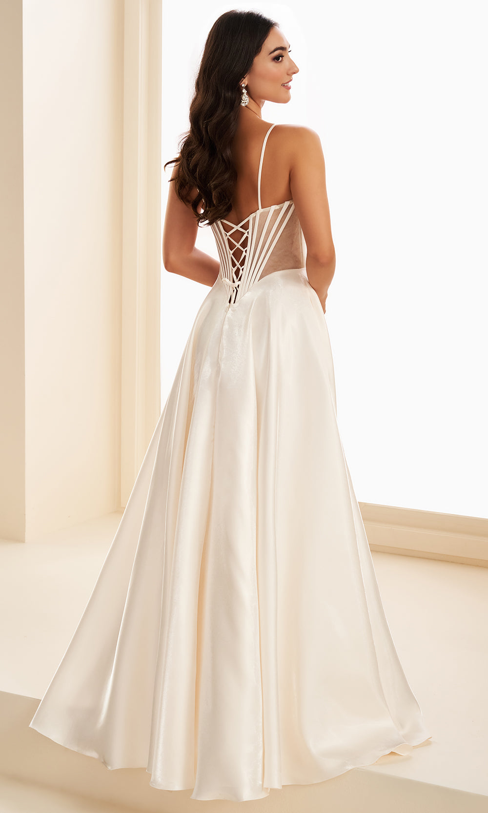 Ellie Wilde EW37226 - Deep V-Neck High Slit Satin Ballgown Prom Dresses