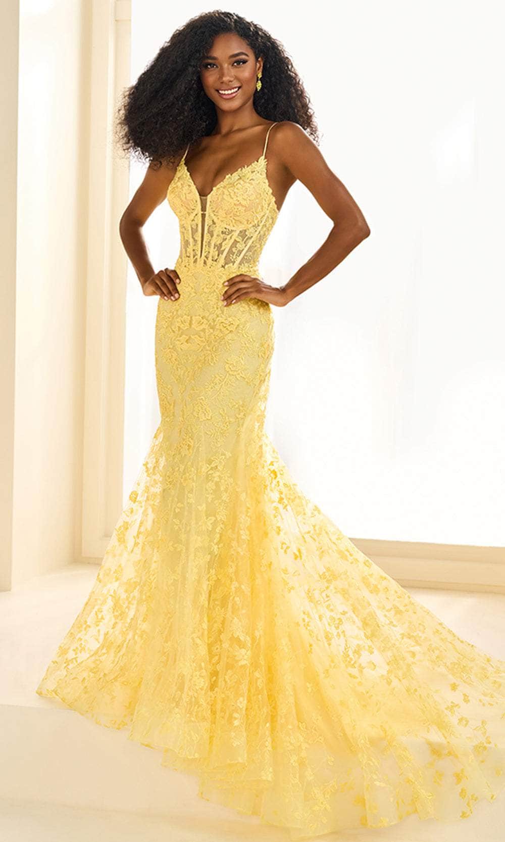 yellow floral embroidered prom dress 3D Floral Illusion Neck Yellow Prom Ball Gown