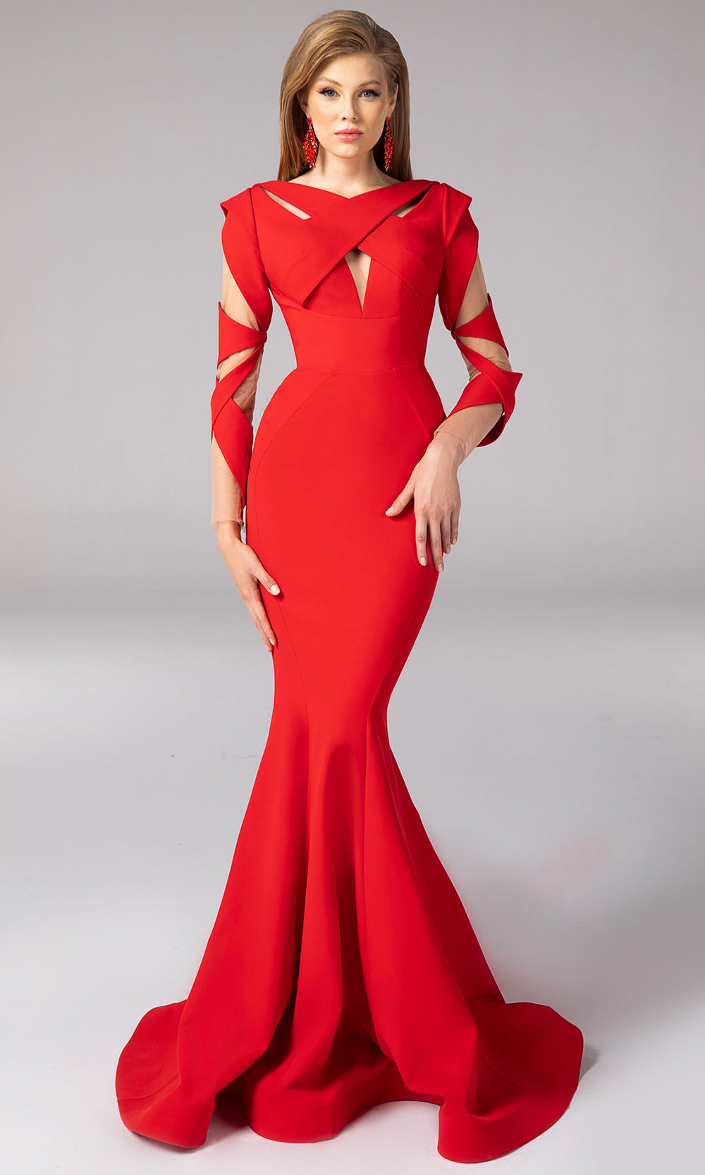 MNM COUTURE F02829 - Cutout Bodice Criss-Cross Neckline Gown Mother of the Bride Dresses in Red