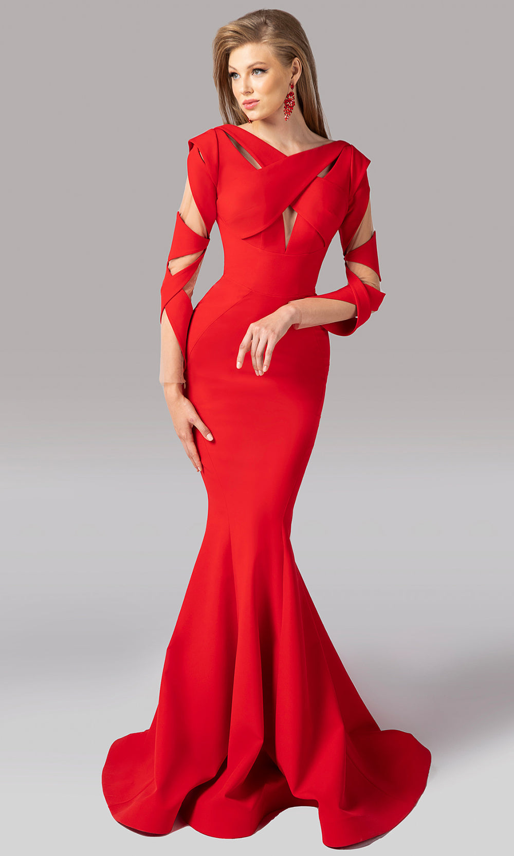 MNM COUTURE F02829 - Cutout Bodice Criss-Cross Neckline Gown Mother of the Bride Dresses in Red