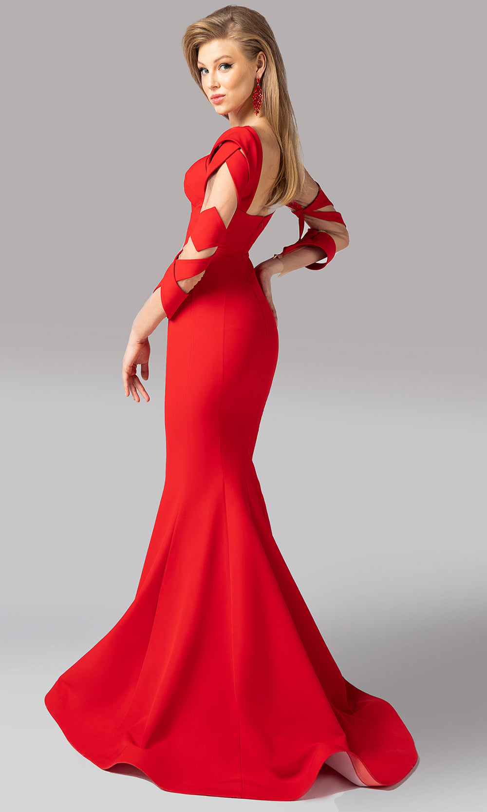 MNM COUTURE F02829 - Cutout Bodice Criss-Cross Neckline Gown Mother of the Bride Dresses in Red