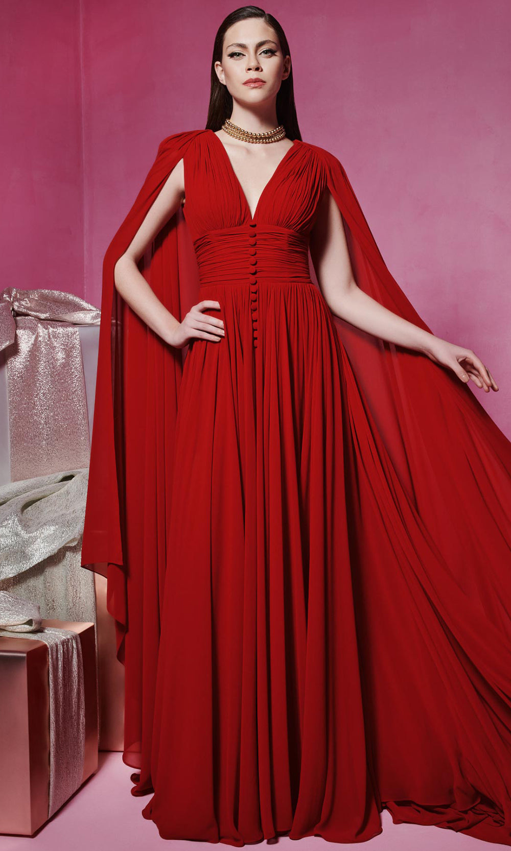 MNM Couture F02845 - Ruched Flowing A-Line Evening Gown Formal Gowns