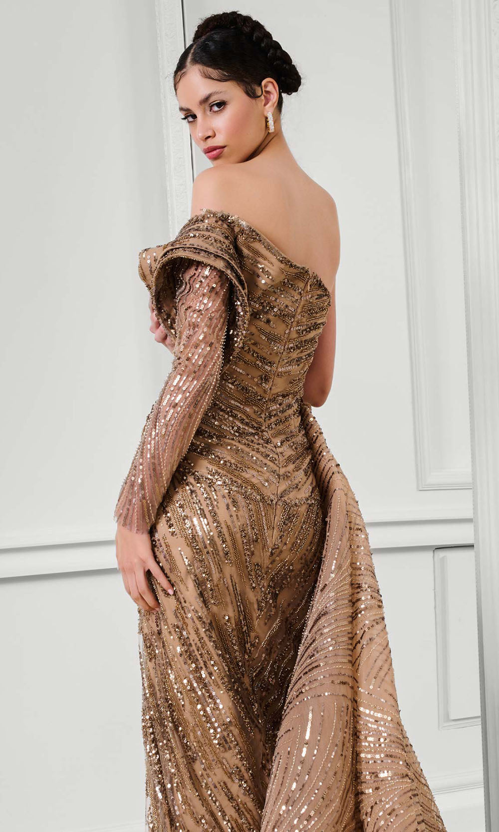 MNM COUTURE F02897B - One Sleeve Wrap Sheath Skirt Gown Prom Dresses