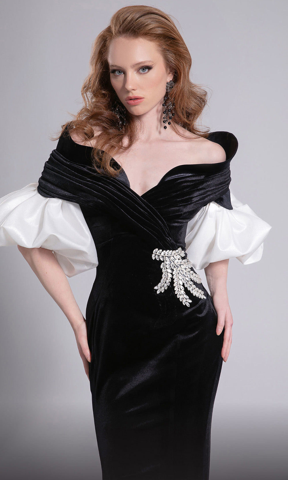 MNM Couture F02898 - Mermaid Skirt Puff Sleeve Gown Evening Dresses