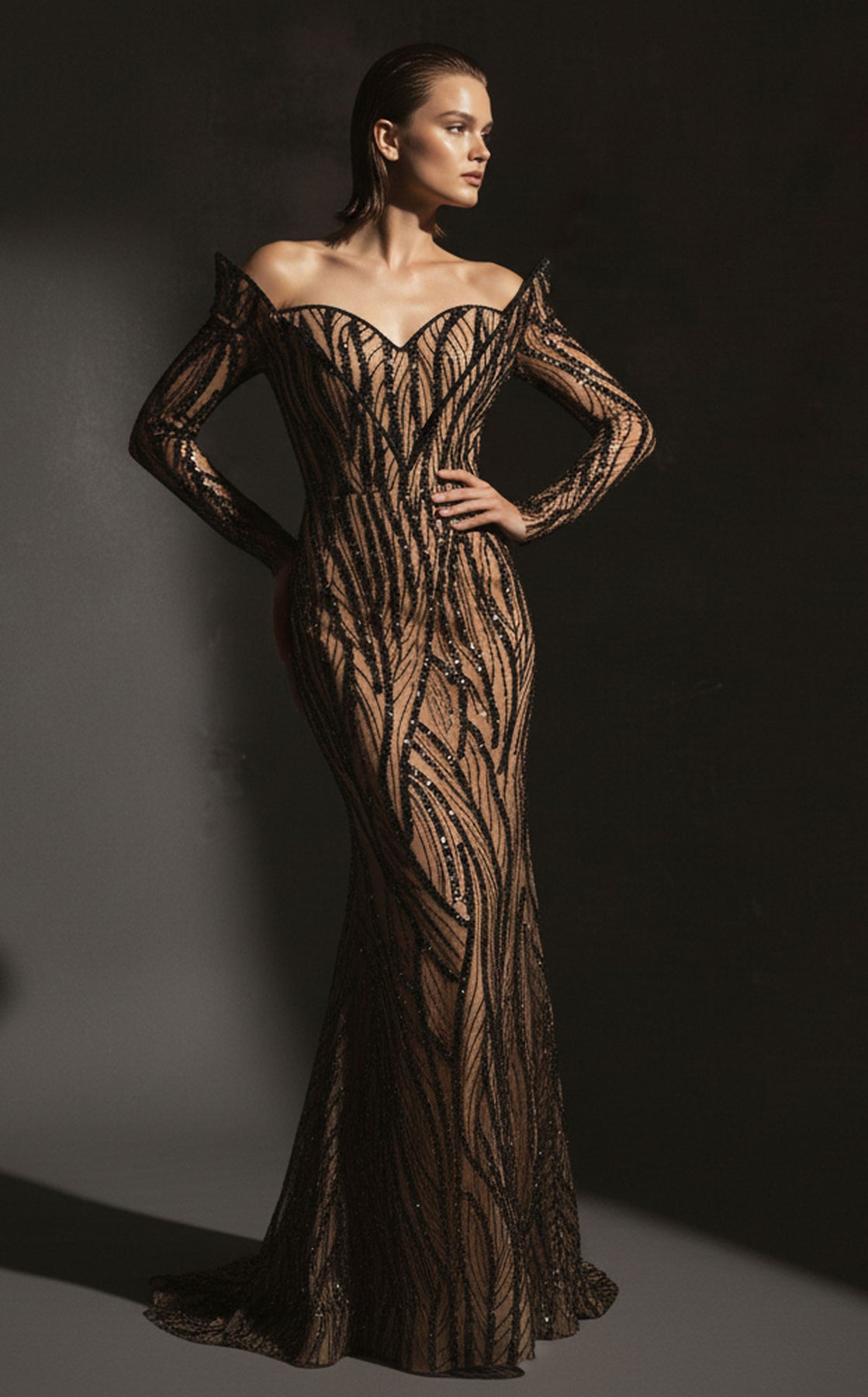 MNM Couture F02900 - Long Sleeve Beaded Sheath Dress