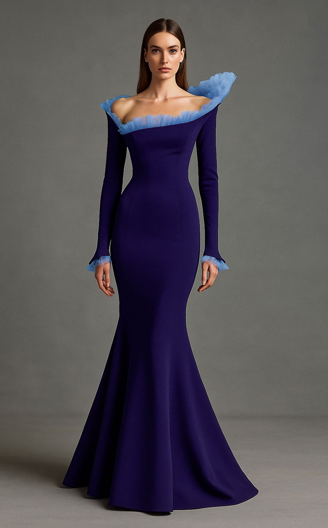 MNM Couture F02905 - Long Sleeve Gown with Ruffle Detail
