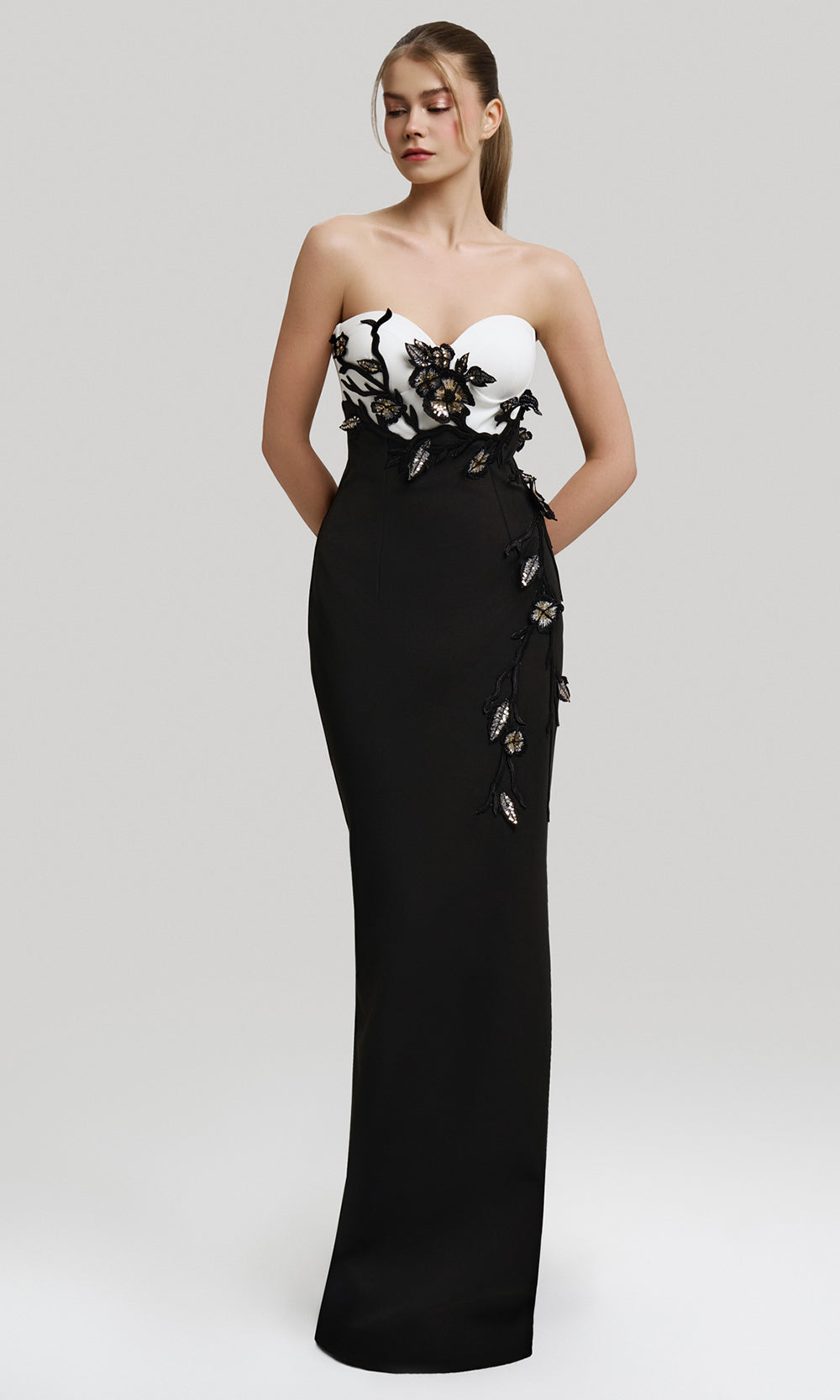 MNM Couture F02917 - Two-Tone Strapless Gown with 3D Appliques Prom Dresses