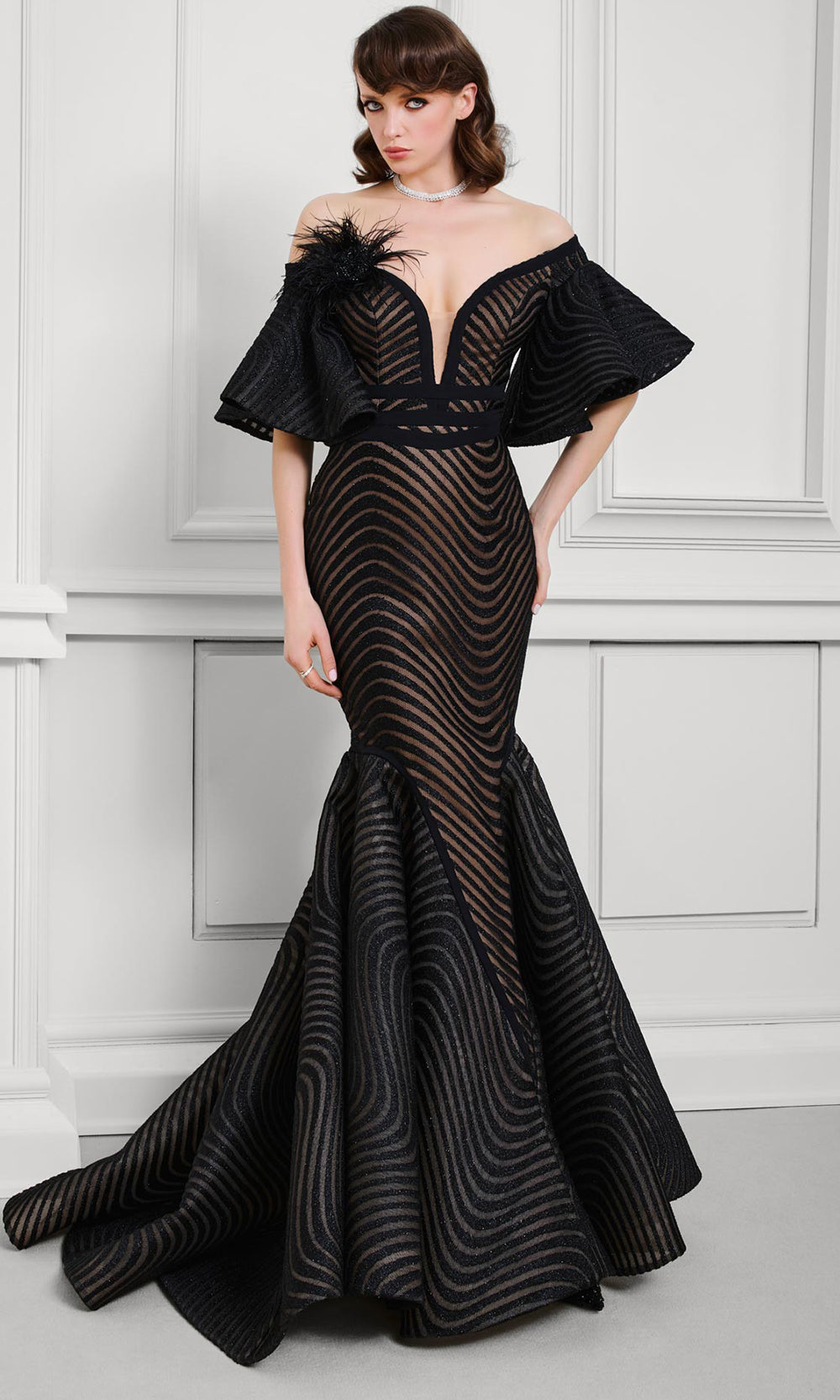 MNM Couture F02925 - Mermaid Evening Gown with Dramatic Sleeves Formal Gowns