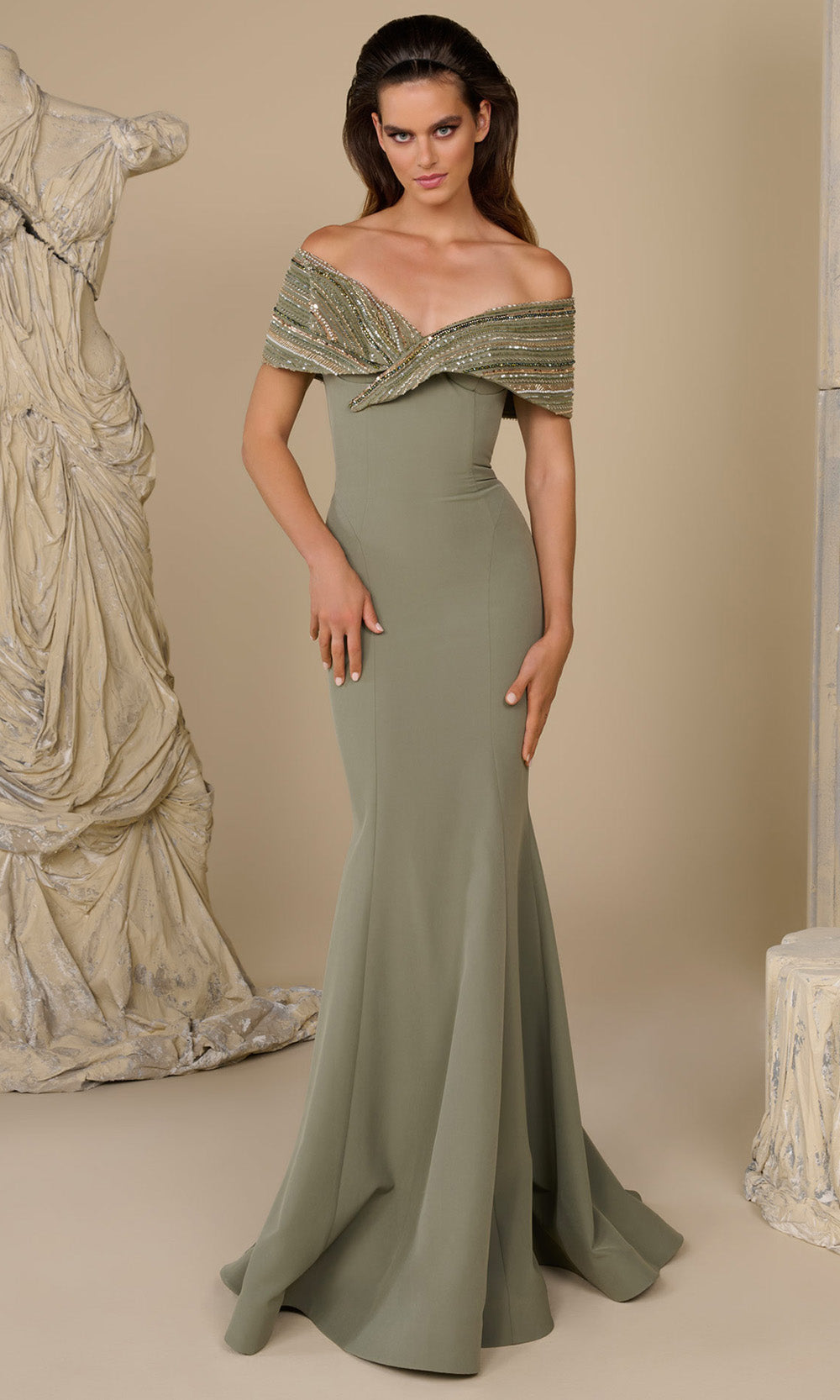MNM COUTURE F02935 - Off Shoulder Sculpted Seam Long Gown Mother of the Bride Dress Mint