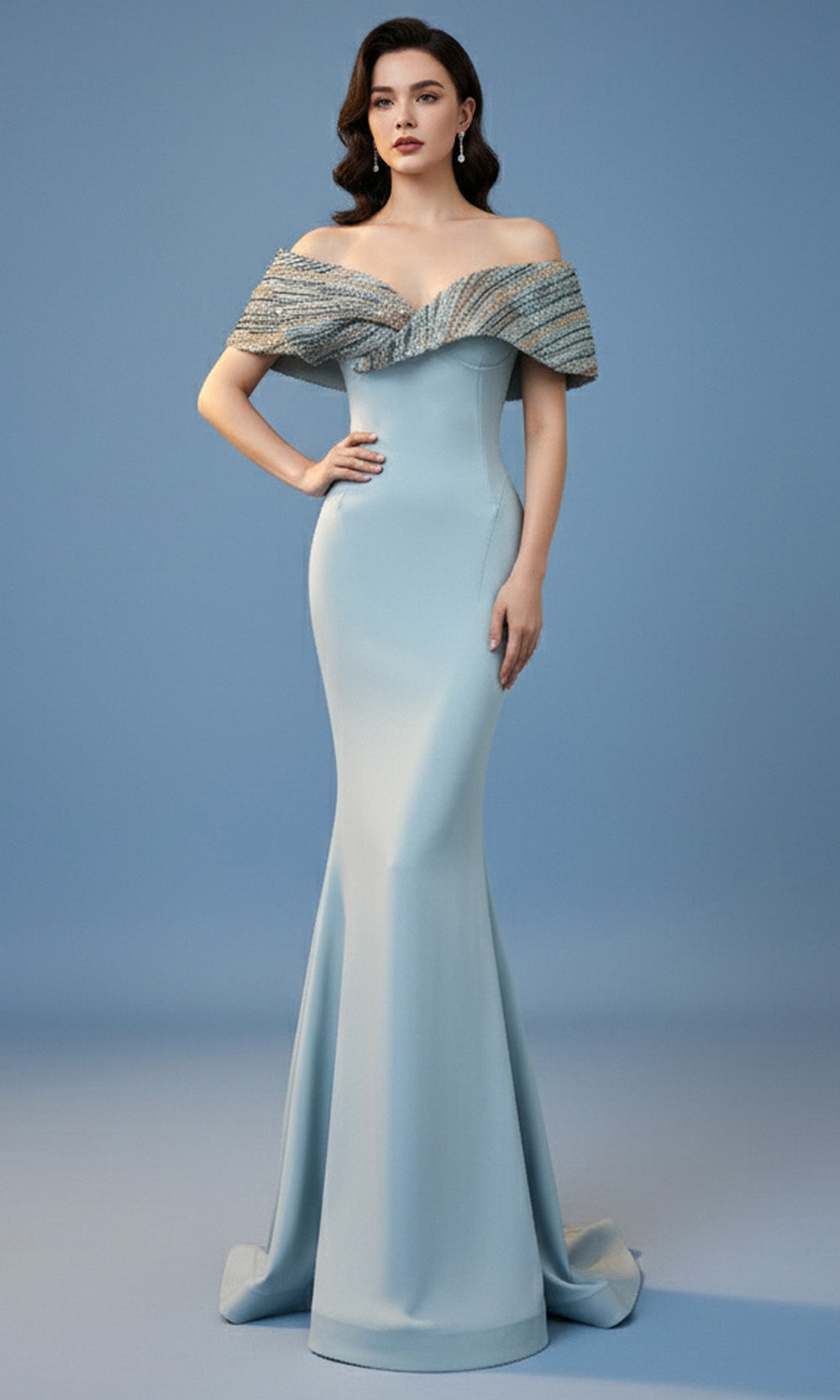 MNM COUTURE F02935 - Off Shoulder Sculpted Seam Long Gown Mother of the Bride Dress