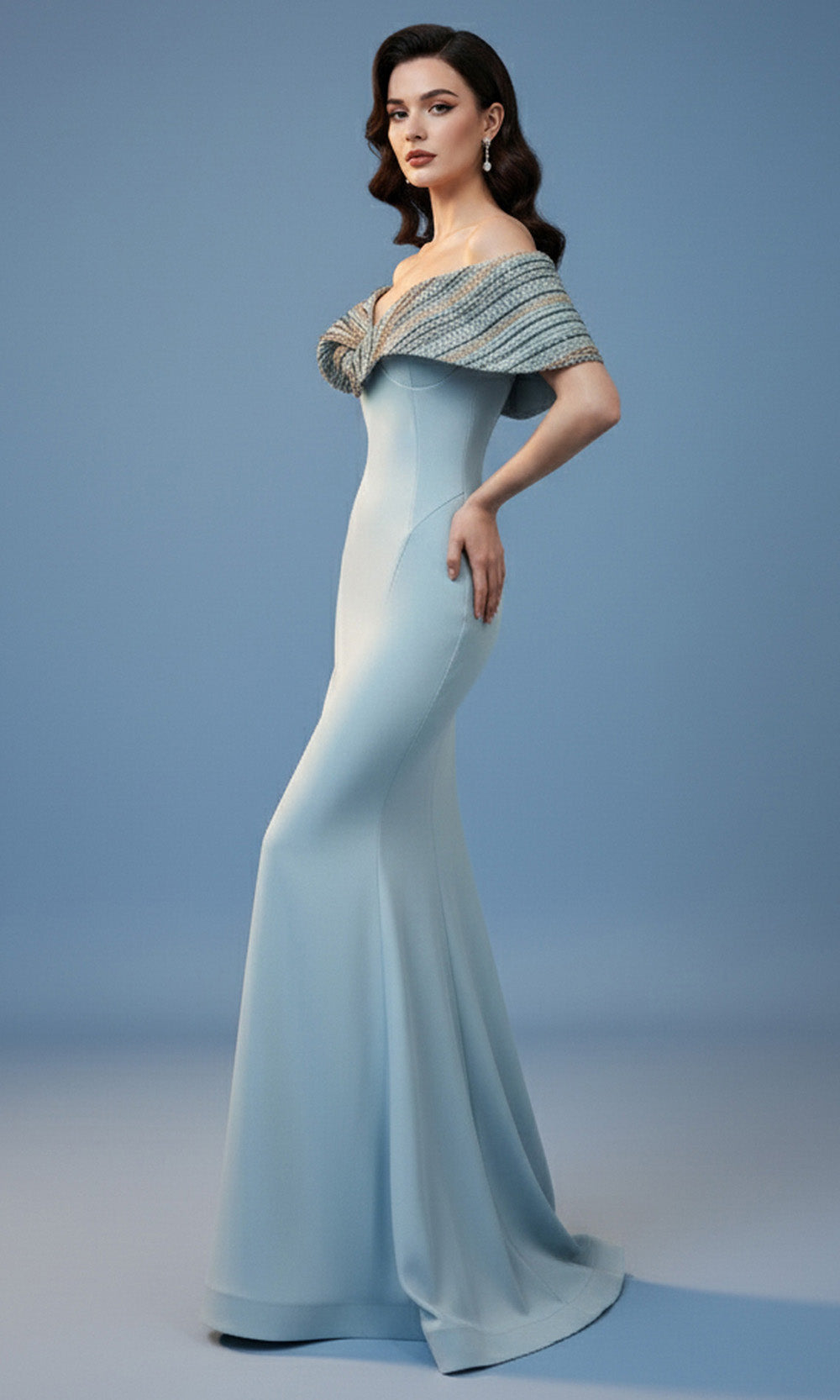 MNM COUTURE F02935 - Off Shoulder Sculpted Seam Long Gown Mother of the Bride Dress