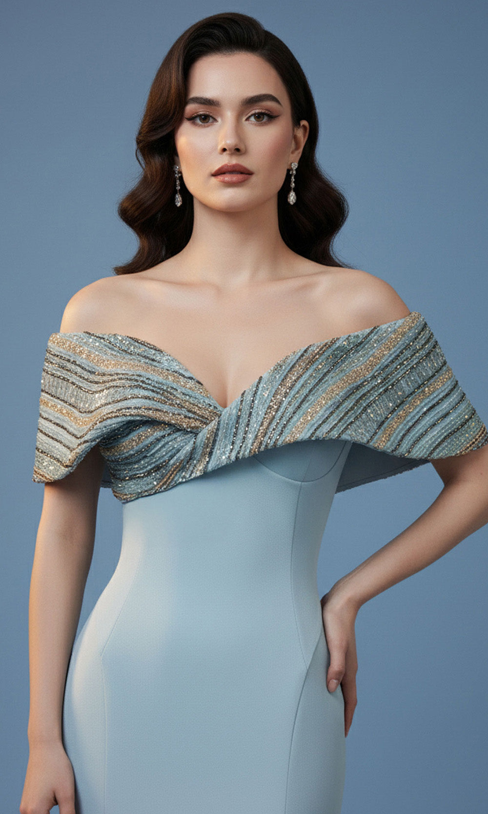 MNM COUTURE F02935 - Off Shoulder Sculpted Seam Long Gown Mother of the Bride Dress