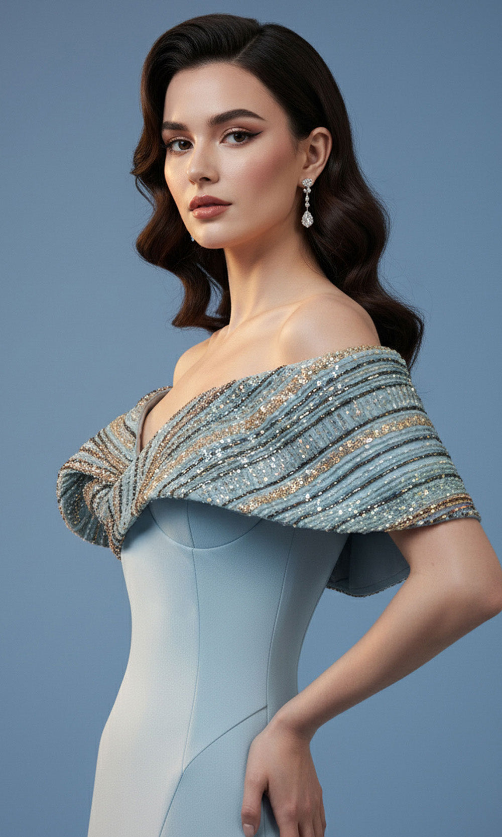 MNM COUTURE F02935 - Off Shoulder Sculpted Seam Long Gown Mother of the Bride Dress