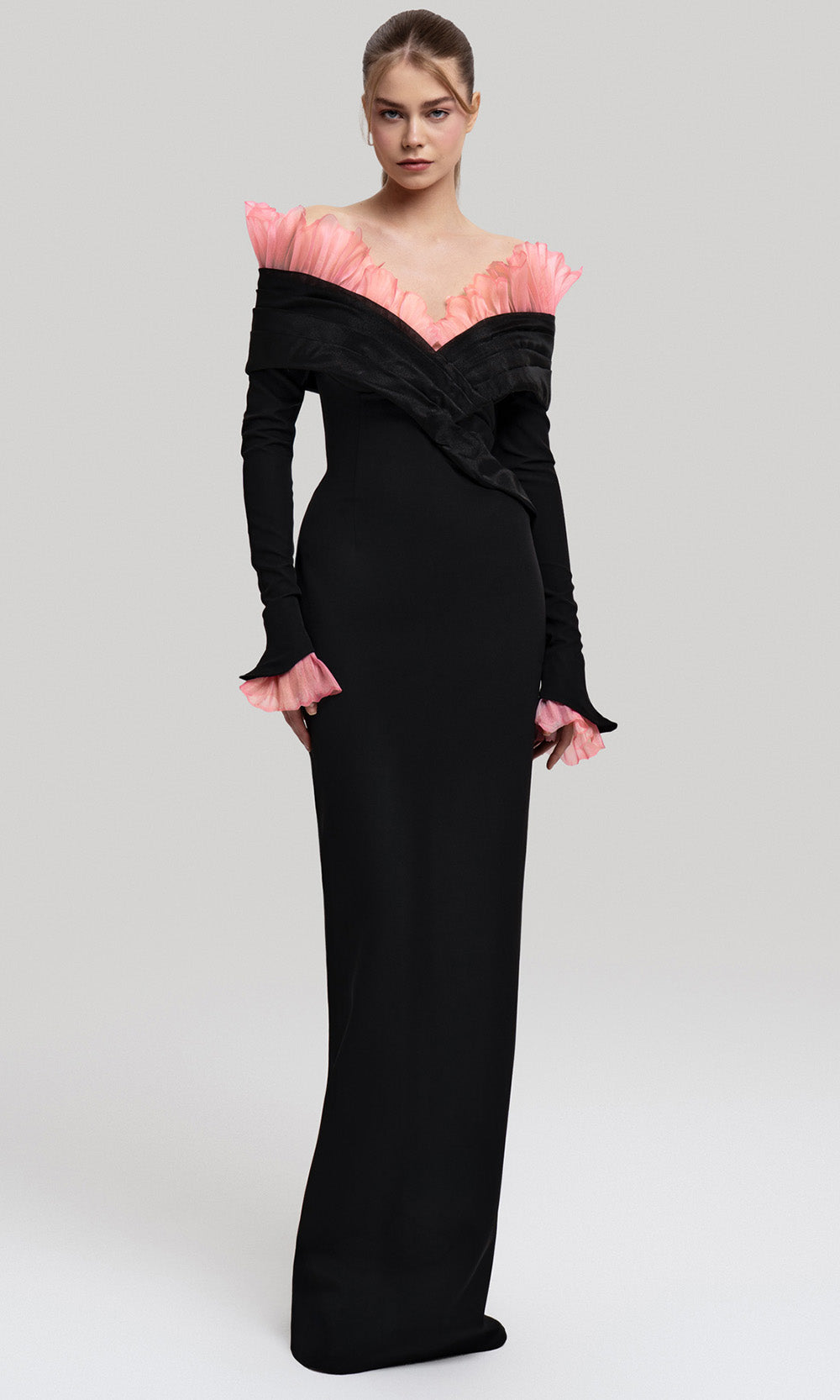 MNM COUTURE F02941 - Ruffled Neckline Fitted Crepe Evening Gown Formal Gowns in Black Pink