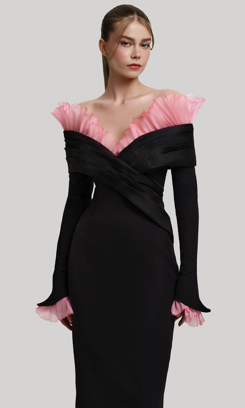 MNM COUTURE F02941 - Ruffled Neckline Fitted Crepe Evening Gown Formal Gowns in Black Pink