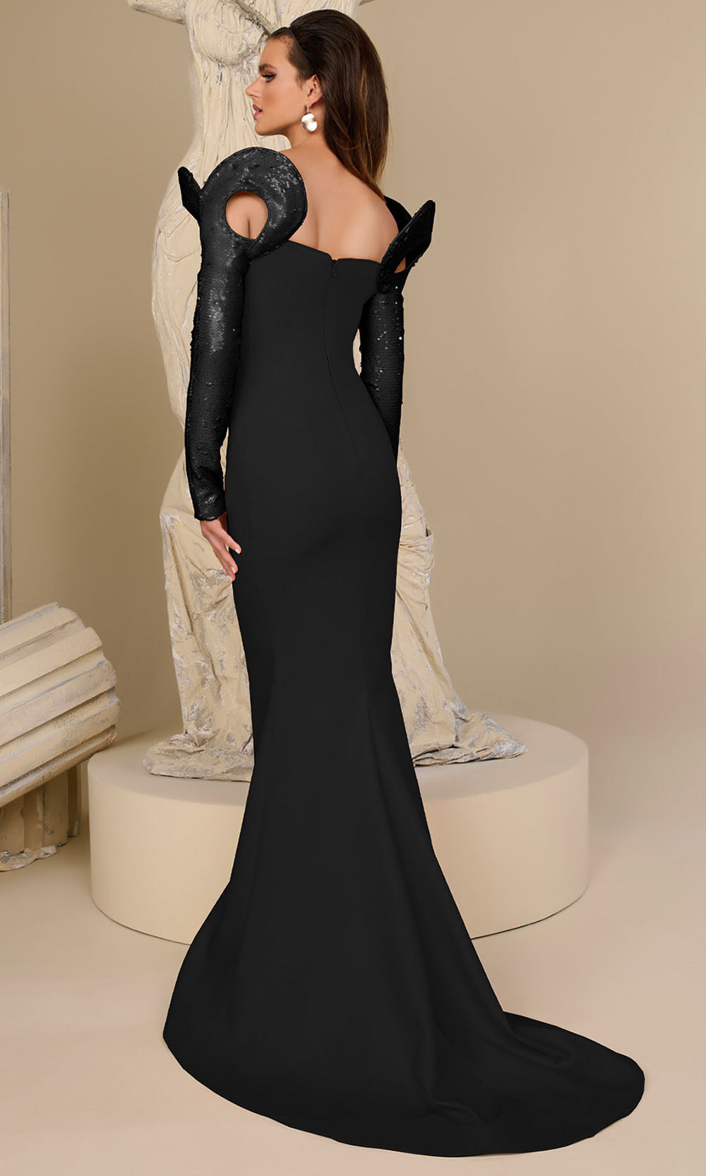 MNM COUTURE F02942 - Sequin Ornate Deep V-Neck Evening Gown Formal Gowns in Black