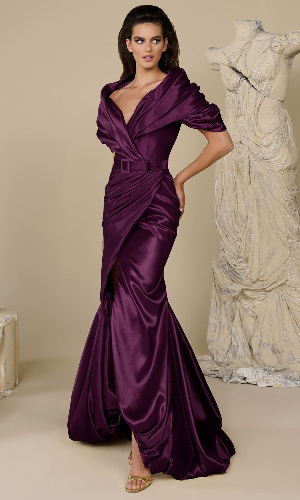MNM COUTURE F02946 - Bubble Hem Deep V-Neck Wrap Gown Formal Gowns in Cherry