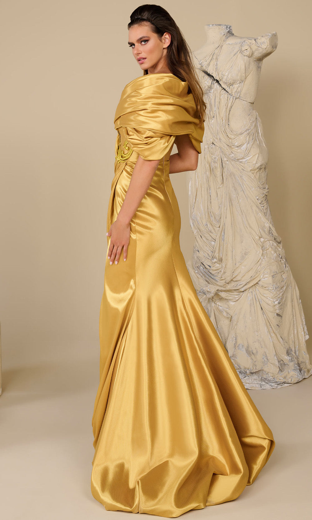 MNM COUTURE F02946 - Bubble Hem Deep V-Neck Wrap Gown Formal Gowns in Mustard