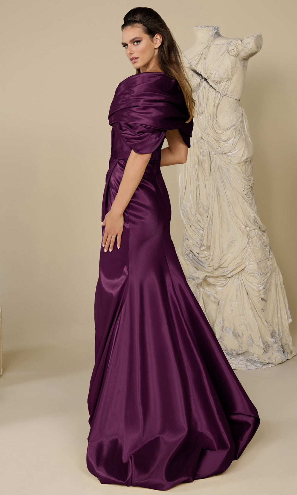 MNM COUTURE F02946 - Bubble Hem Deep V-Neck Wrap Gown Formal Gowns in Cherry