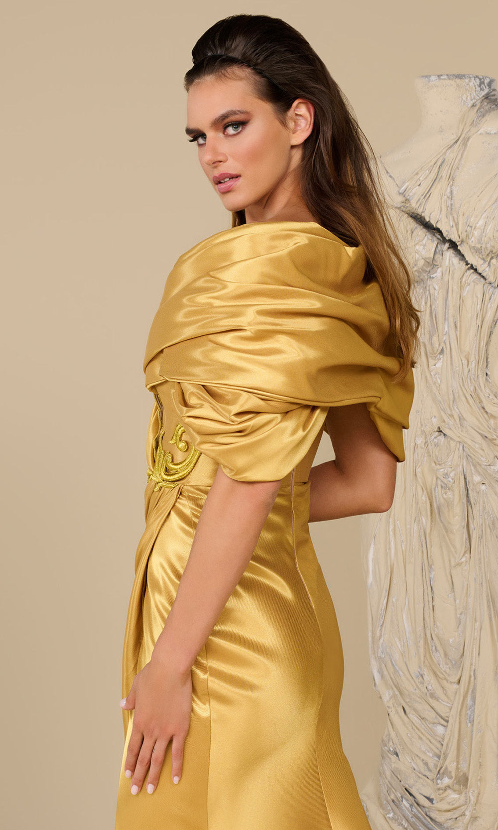 MNM COUTURE F02946 - Bubble Hem Deep V-Neck Wrap Gown Formal Gowns in Mustard