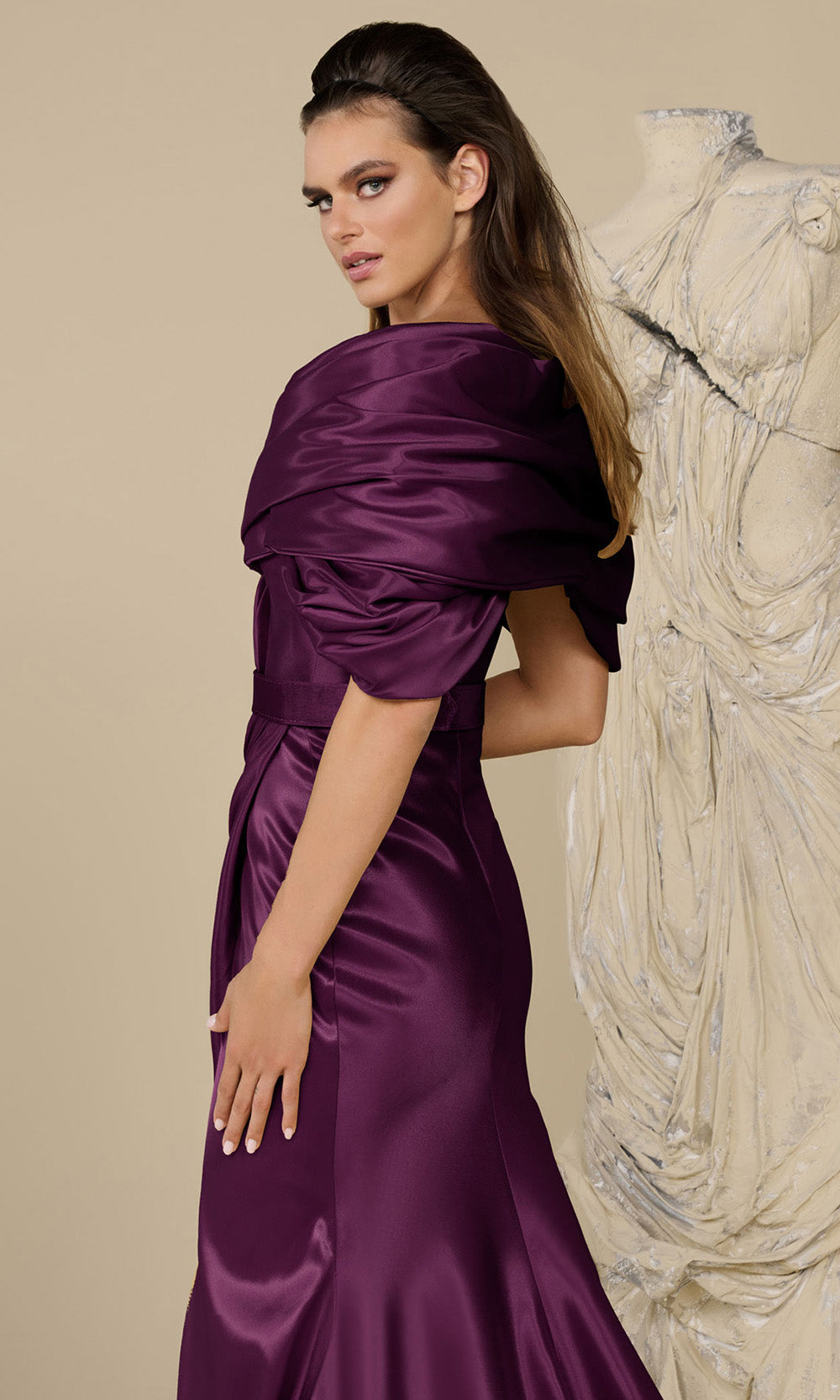 MNM COUTURE F02946 - Bubble Hem Deep V-Neck Wrap Gown Formal Gowns in Cherry