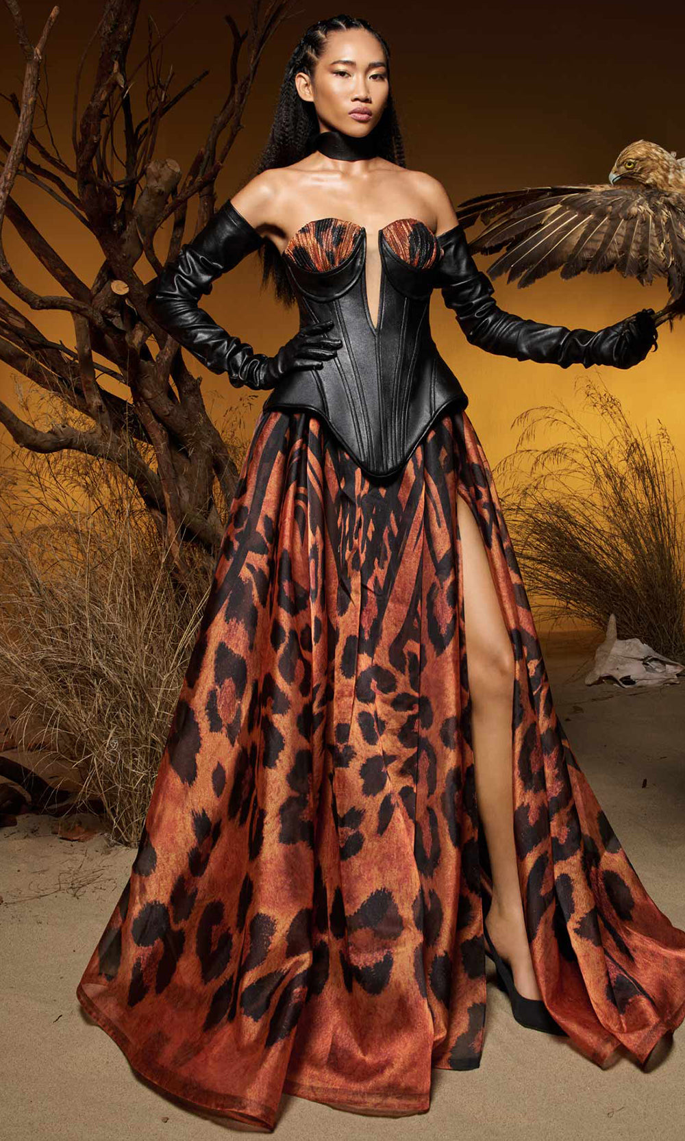 MNM COUTURE F02952 - Animal Print Chiffon Plunging Gown Prom Dresses Black